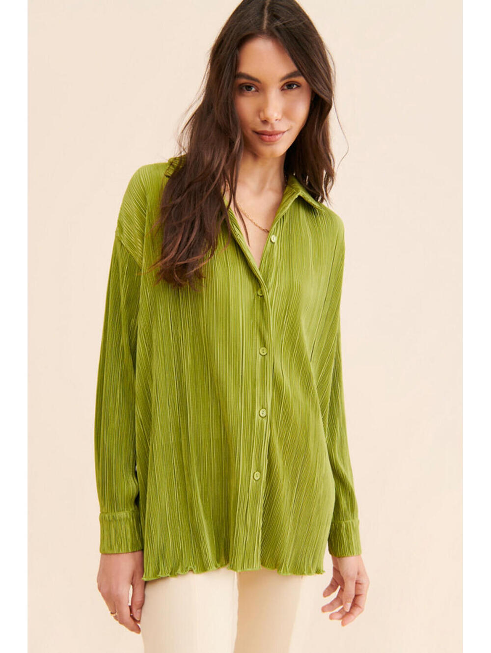 4TH & RECKLESS | Raquel Pleated Plisse Button-Up Shirt - Olive Green Size M-L